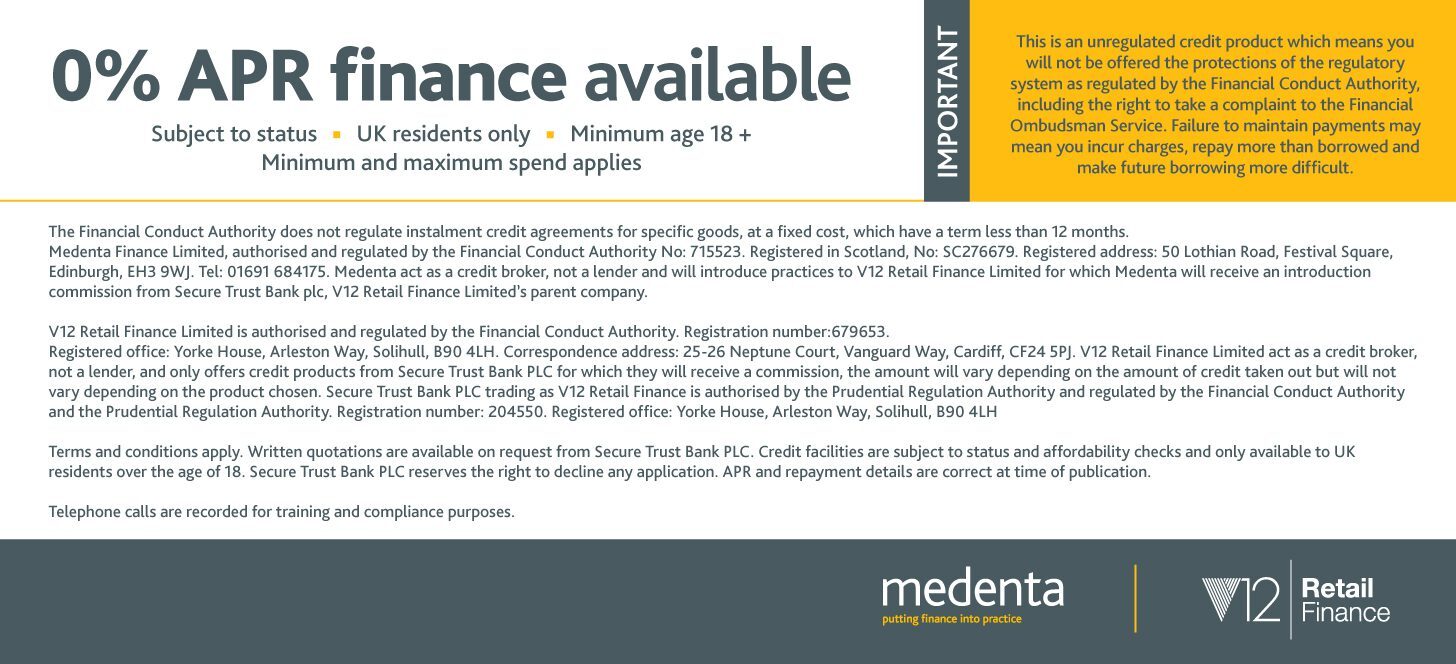 0% APR finance available — subject to status, UK residents only, minimum age 18+. Provided by Medenta Finance.